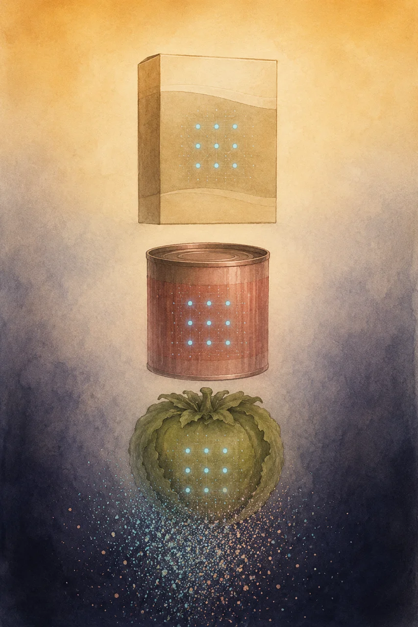A tall portrait composition: abstract silhouettes of boxed, canned, and fresh food shapes arranged vertically, each containing small circuit-like dots to suggest embedded chips, with dispersing particles at the bottom, set against a gradient from warm gold to muted slate, no human figures, no real-world brand names