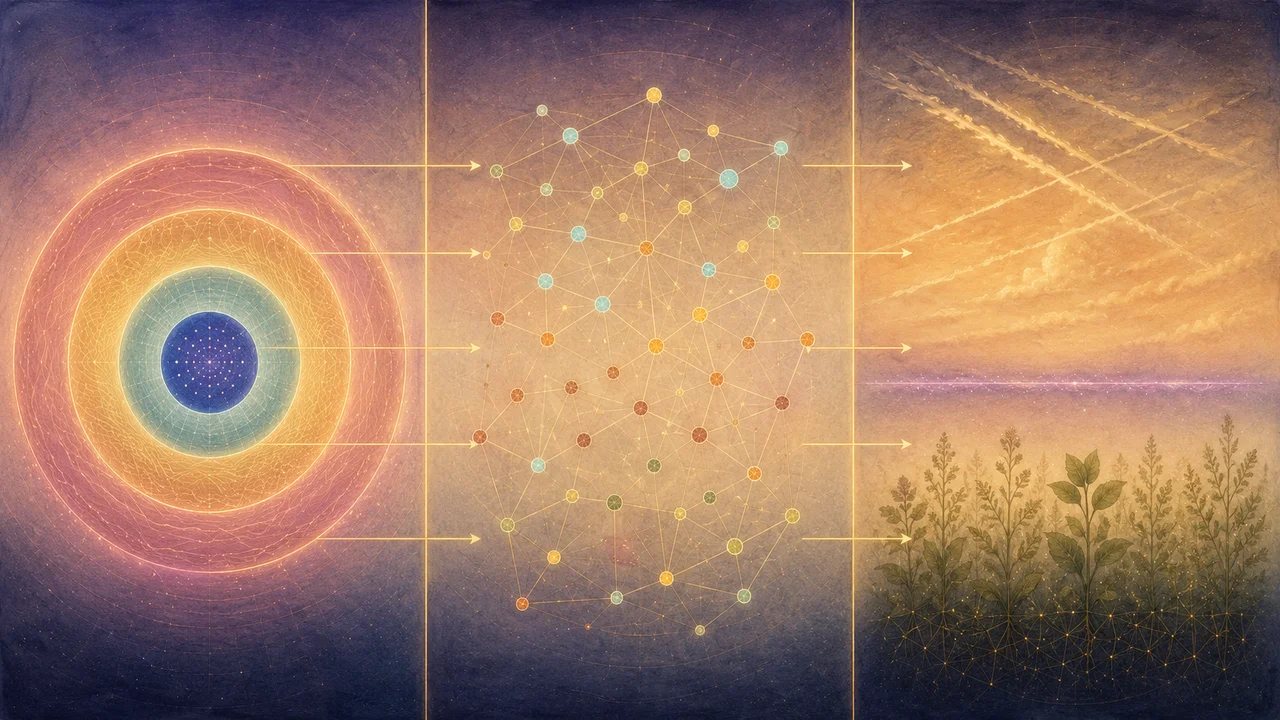 A wide landscape composition split into three horizontal panels: leftmost panel four overlapping geometric layers representing body and consciousness systems, middle panel abstract network nodes and lines representing infrastructure, rightmost panel atmospheric trails and plant layers representing environmental systems, connected by thin light arrows, set against a gradient from midnight indigo to warm gold, no human figures, no real-world brand names
