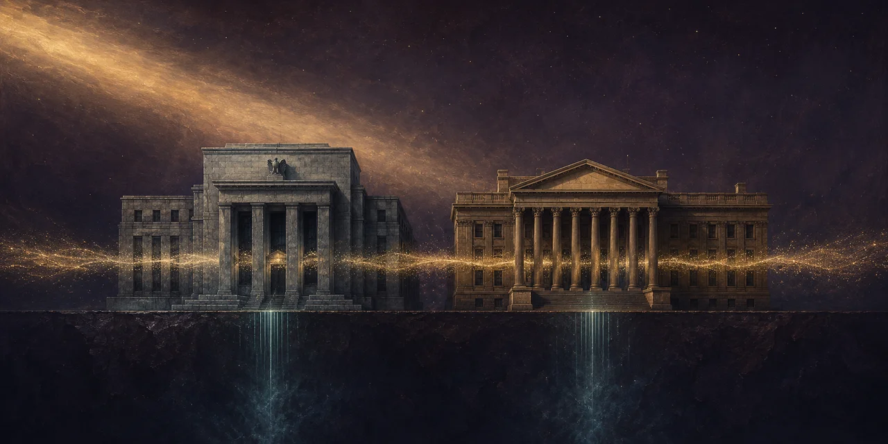 A wide landscape composition: two abstract fortress-like building silhouettes at the center with a stream of light passing through them, thin light beams extending downward into the ground and dissipating to suggest pass-through architecture, set against muted slate and warm gold tones, no human figures, no real-world brand names