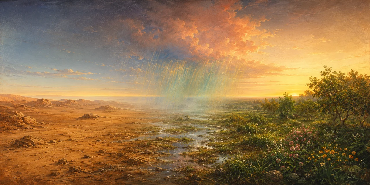 A wide landscape composition: leftmost half showing dry desert texture in warm earth tones, central transition zone with water and emerging green, rightmost half showing spreading green vegetation, soft rain falling from clouds above, set against a gradient from warm earth-tones to soft green, no human figures, no real-world brand names