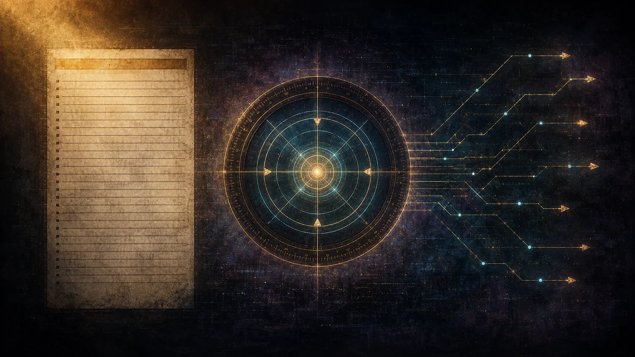 A wide landscape composition: an abstract list shape with vertical rules and empty rows on the left, a circular focal reticle at center, thin light lines and directional arrows indicating tracking traces on the right, set against deep teal and warm gold tones, no human figures, no real-world brand names
