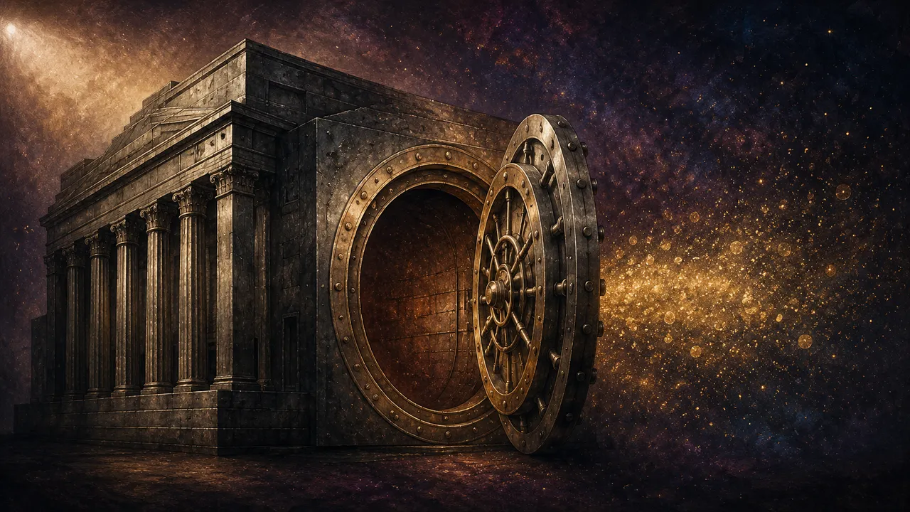 A wide landscape composition: a columned fortress-like silhouette on the left, a large circular vault-door shape at center, dispersing golden particles indicating empty vault contents on the right, set against muted slate and warm gold tones, no human figures, no real-world brand names
