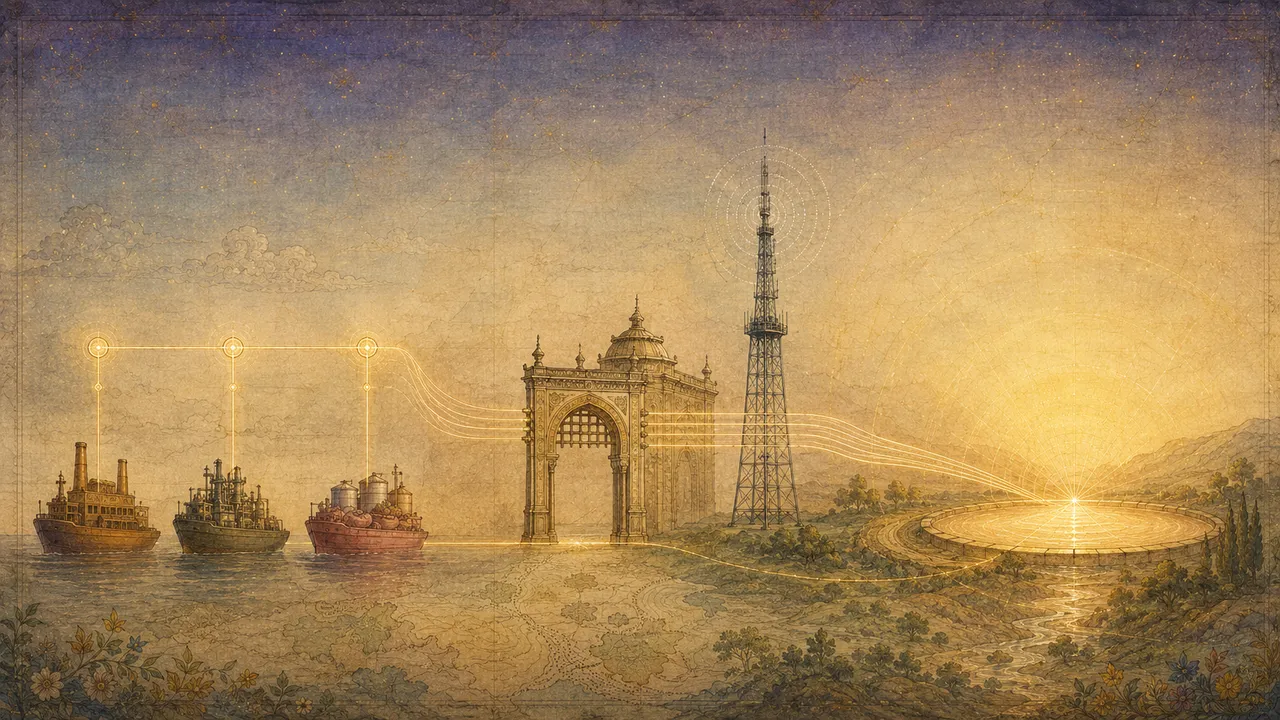 A wide landscape composition: three containers with upward extraction arrows on the left representing corporate skim, a customs gate arch and broadcasting tower silhouette at center, a warm light reservoir representing C.A.R.E. on the right, with light streams flowing from left to right, set against a gradient from warm gold to soft sage green, no human figures, no real-world brand names