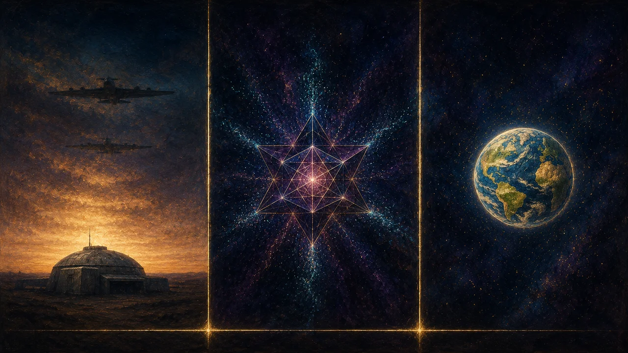 A wide landscape composition split into three horizontal panels: leftmost panel a bunker shape and aerial command silhouette with fading light, middle panel an angular non-human geometric pattern with fading light, rightmost panel a small Earth-sphere suspended in cosmic emptiness, set against a gradient from muted slate to midnight indigo, no human figures, no real-world brand names