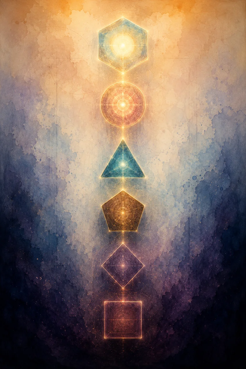 A tall portrait composition: six connected abstract geometric nodes arranged vertically from top to bottom, each linked by diminishing light lines indicating sequential system shutdowns, set against a gradient from midnight indigo to warm gold, no human figures, no real-world brand names