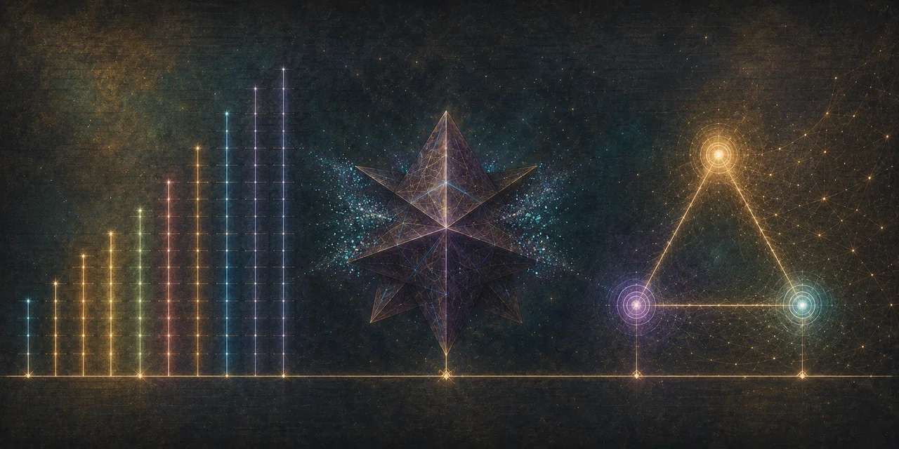 A wide landscape composition: nine vertical lines progressively lengthening from short to tall on the left representing 1G to 9G generations with fine version markings, an angular alien tech branch point at center, a triangular trinity vertex with a web mesh structure on the right representing AI agreements, set against deep teal and warm gold tones, no human figures, no real-world brand names