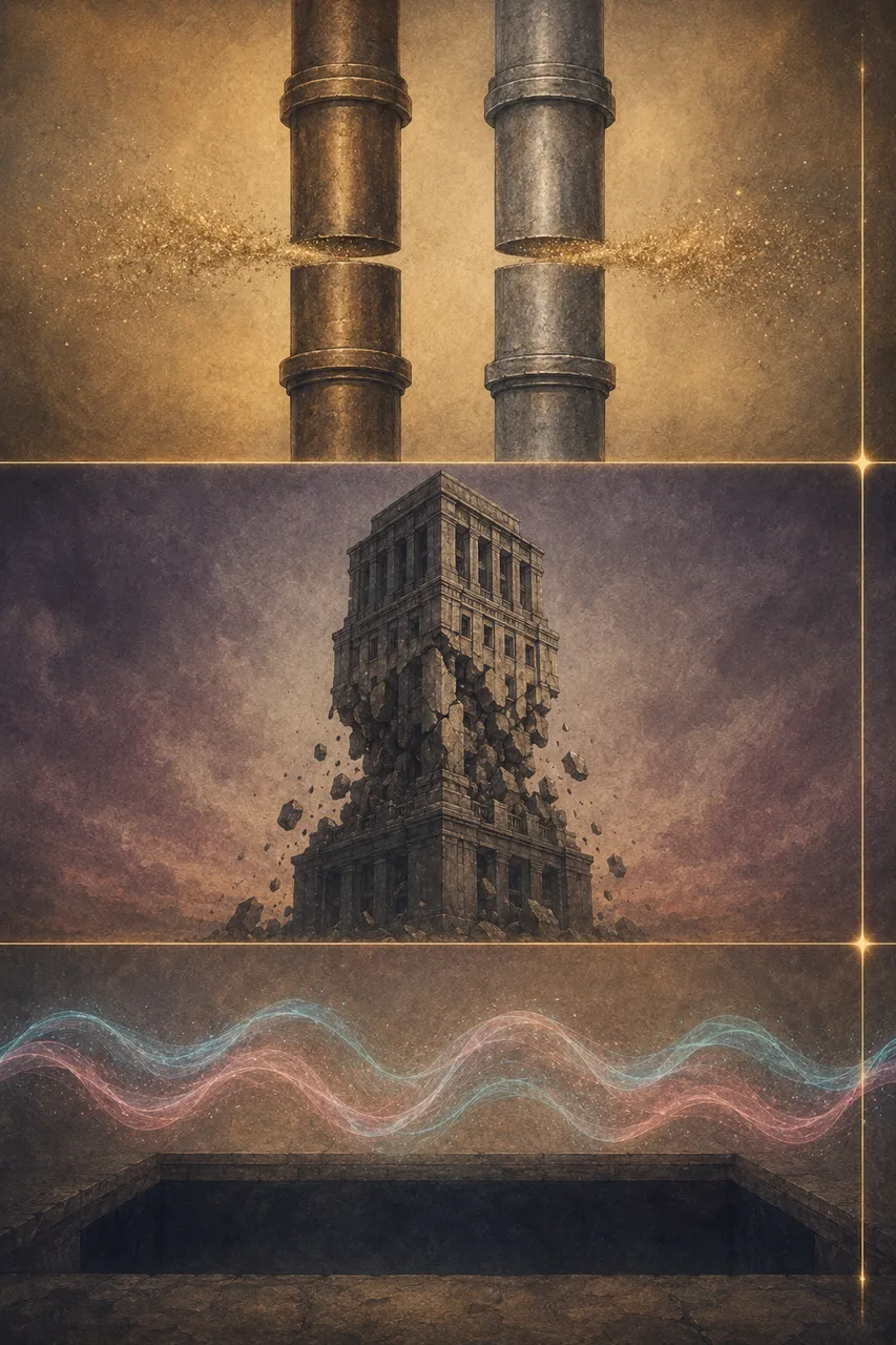 A tall portrait composition with three stacked panels: two severed pipes representing dual revenue cutoff at top, a crumbling tower representing insurance bankruptcy at middle, repeating waveforms over a hollow space representing narrative cycles at bottom, set against a gradient from midnight indigo to warm gold, no human figures, no real-world brand names