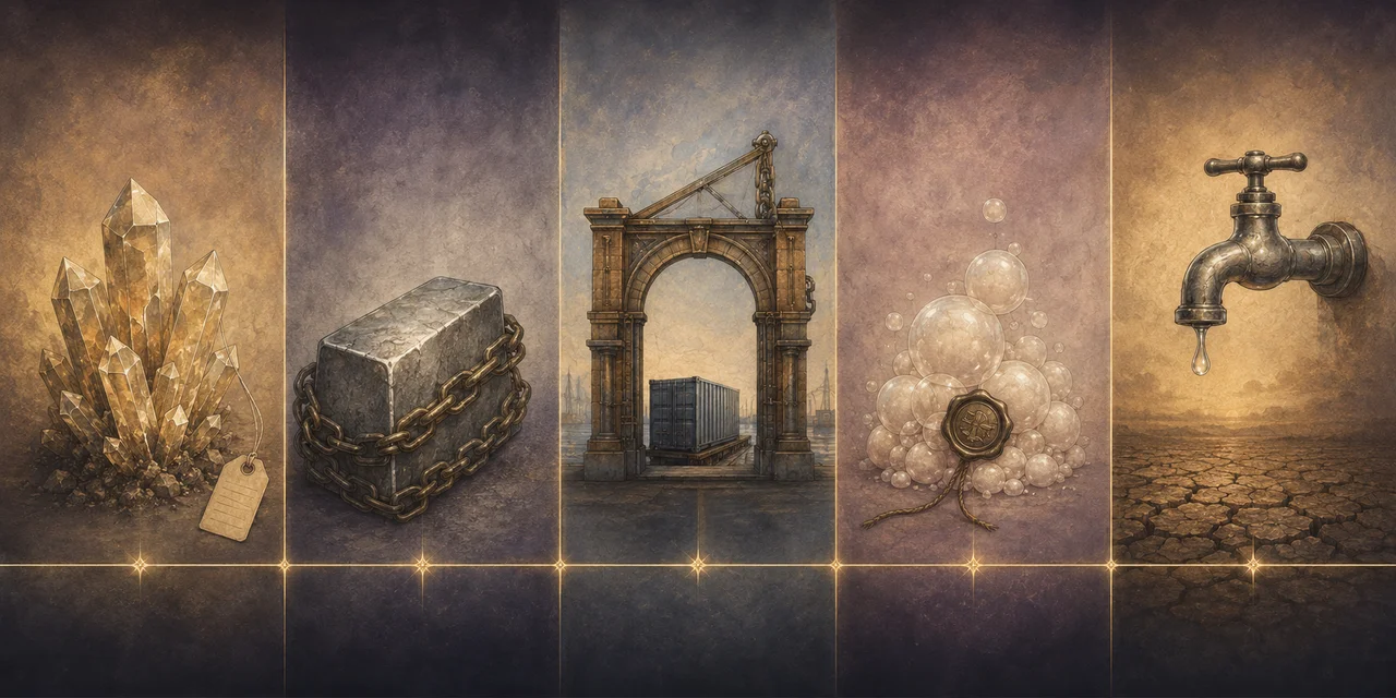 A wide landscape composition divided into five vertical panels from left to right: a crystal cluster with a price tag, a metal block with symbolic chains, an arched gateway with a cargo container, foam bubbles with a closure seal, a faucet over dry earth, set against muted slate and warm gold tones, no human figures, no real-world brand names