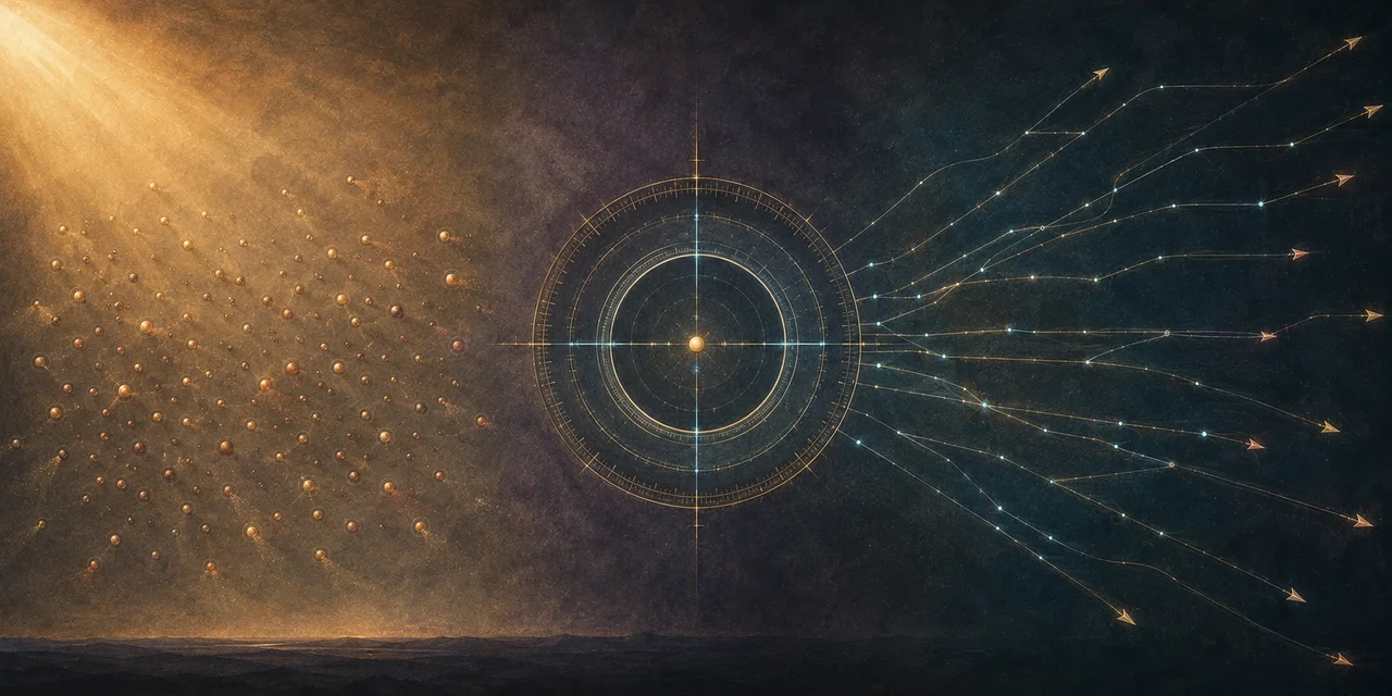 A wide landscape composition: a hundred-plus scattered small dots dispersing without a central anchor on the left, a circular focal reticle at center, thin light lines and directional arrows indicating tracking traces on the right, set against muted slate and warm gold tones, no human figures, no real-world brand names
