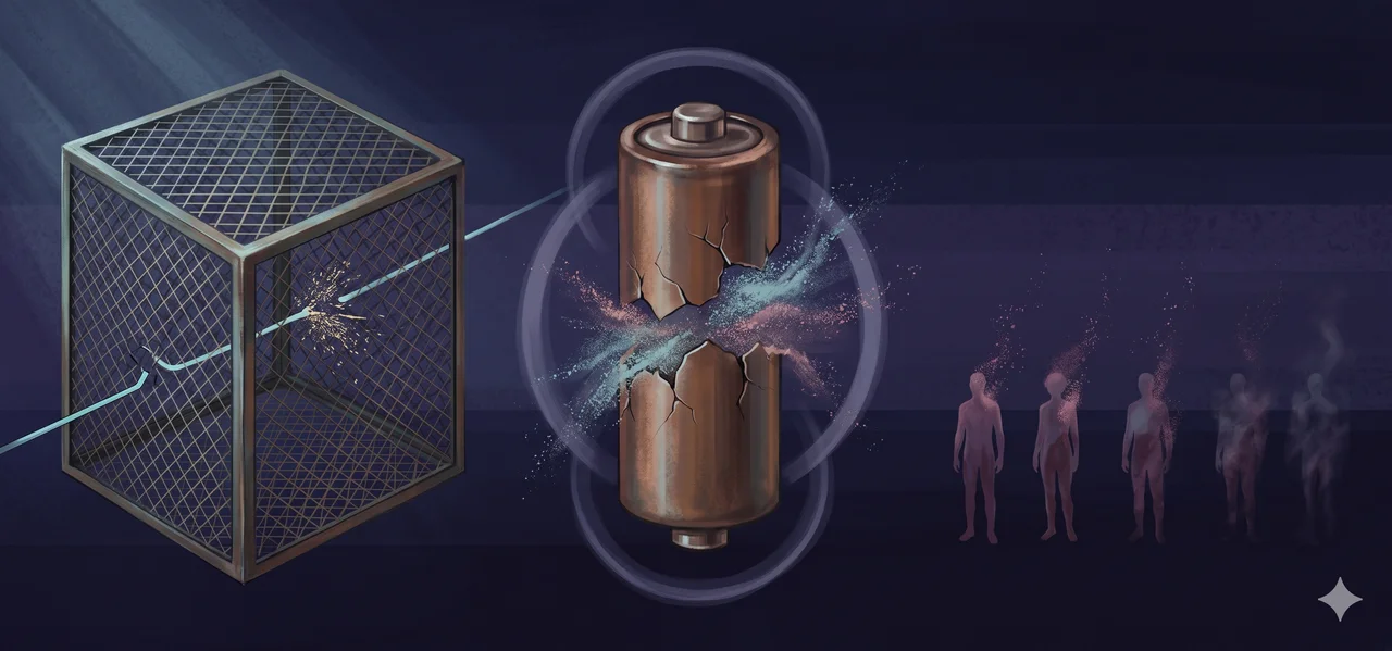 A wide landscape composition with a lattice Faraday cage structure with a thin bypass line and a broken connection point on the left representing failed injection, a bursting battery icon at center, and small silhouettes fading out on the right representing AI walk-ins dying, set against muted slate and warm gold tones, no human figures, no real-world brand names