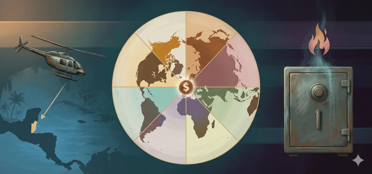 A wide landscape composition with a helicopter silhouette and a directional arrow to Belize on the left, a world map divided into seven sectors with the $75.42 trillion figure at center, a safe with $56 billion and a flame symbol on the right, set against deep teal and warm gold tones, no human figures, no real-world brand names