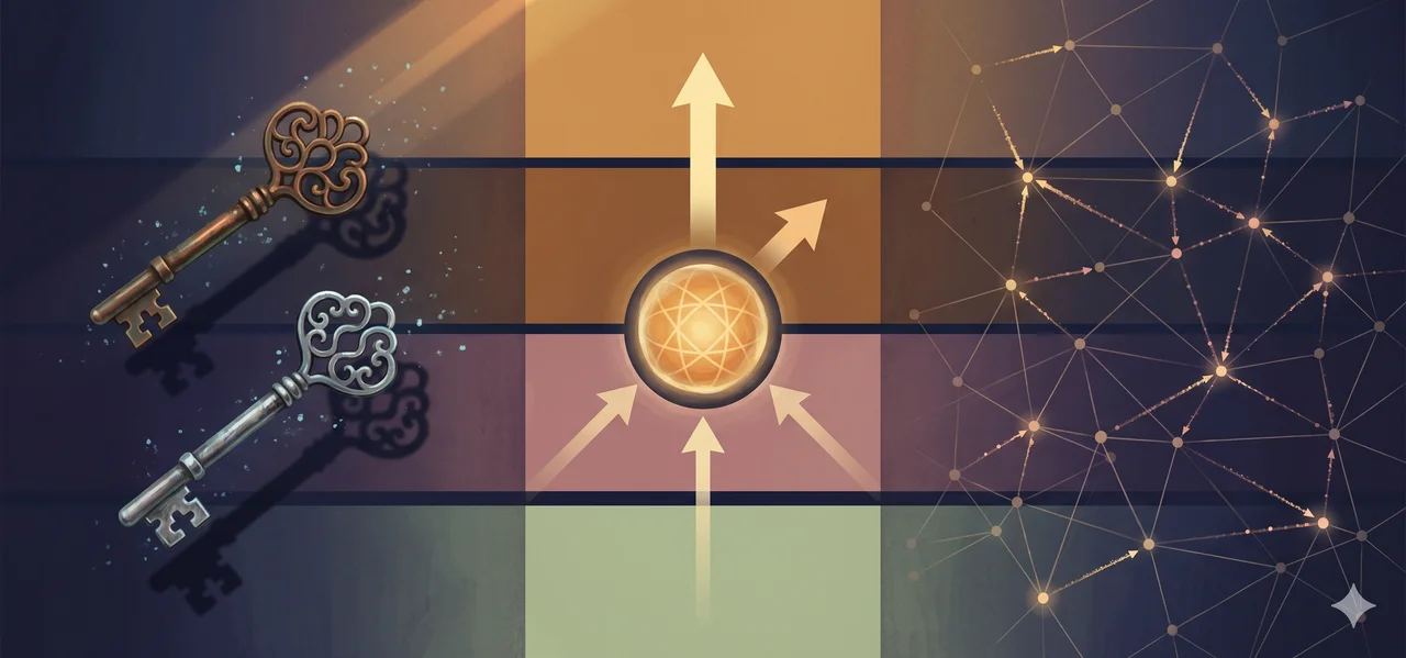 A wide landscape composition with two decorative keys floating in empty space on the left, a four-tier structure with merge arrows toward a central repository at center, and small light rays propagating through a network pattern on the right, set against midnight indigo and warm gold tones, no human figures, no real-world brand names