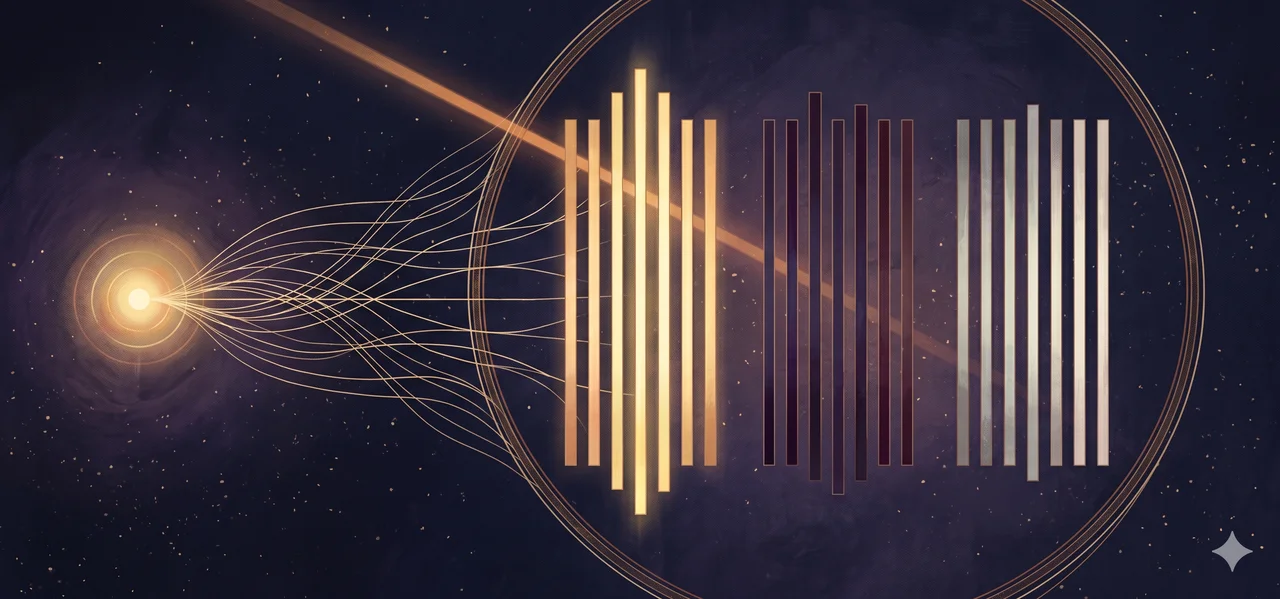 A wide landscape composition with a small radiating point on the left representing the first spark, nine vertical lines in warm gold at the center representing nine light celestials, nine deep purple lines on one side and nine silver-gray lines on the other for the dark and neutral celestials, all enclosed within a larger circular ring structure, set against midnight indigo and warm gold tones, no human figures, no real-world brand names
