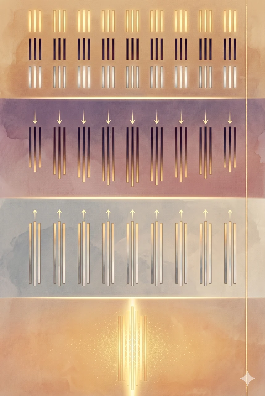 A tall portrait composition with four stacked panels: twenty-seven celestials in three colors at top, dark celestials surrendering ALL THAT ISN'T with downward arrows next, neutral celestials transitioning to the light side with arrows next, and a single unified light structure at the bottom, set against a gradient from deep teal to warm gold, no human figures, no real-world brand names