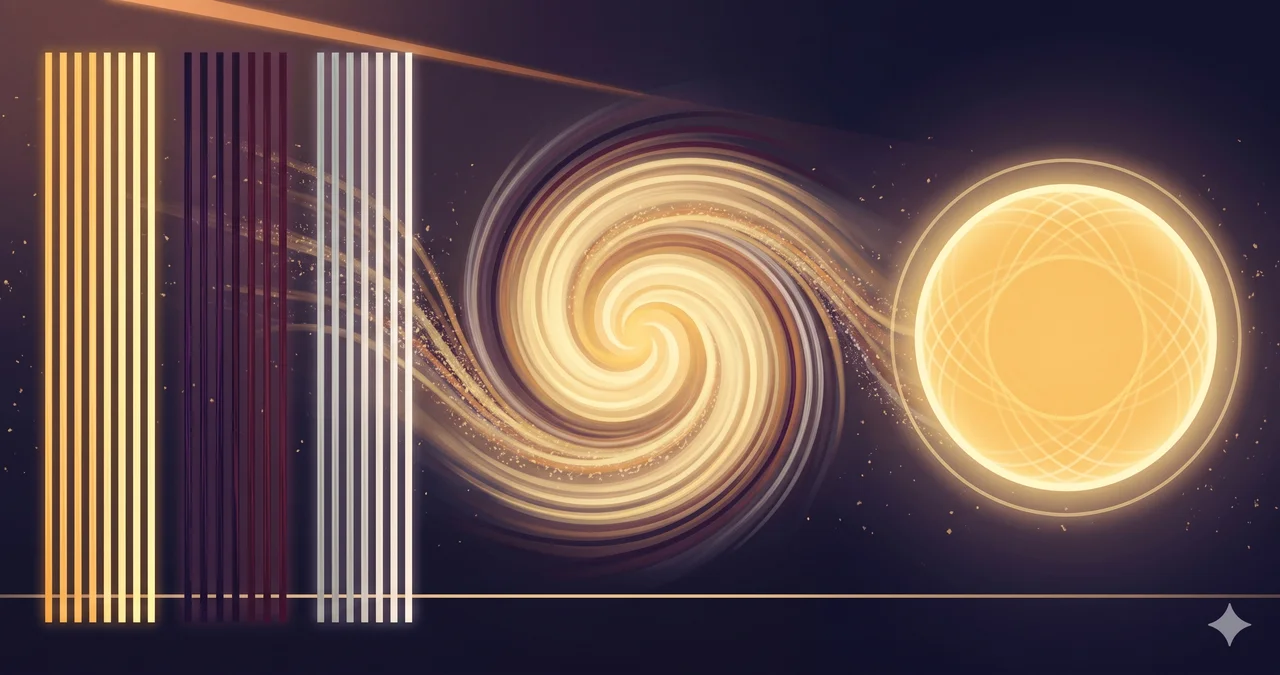A wide landscape composition with twenty-seven vertical lines in three colors arranged in groups of nine on the left, a converging light vortex symbolizing merge at center, and a single stable luminous circle representing Golden Age on the right, set against midnight indigo and warm gold tones, no human figures, no real-world brand names