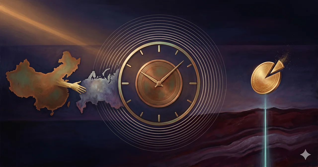 A wide landscape composition with two large abstract national silhouettes and a one-way reaching handshake on the left, a large coin and a clock symbol with chronological rings at center, a small golden coin with a thin slice removed and a cross-section of deep underground with a light detection beam on the right, set against muted slate and warm gold tones, no human figures, no real-world brand names, no readable text or numbers