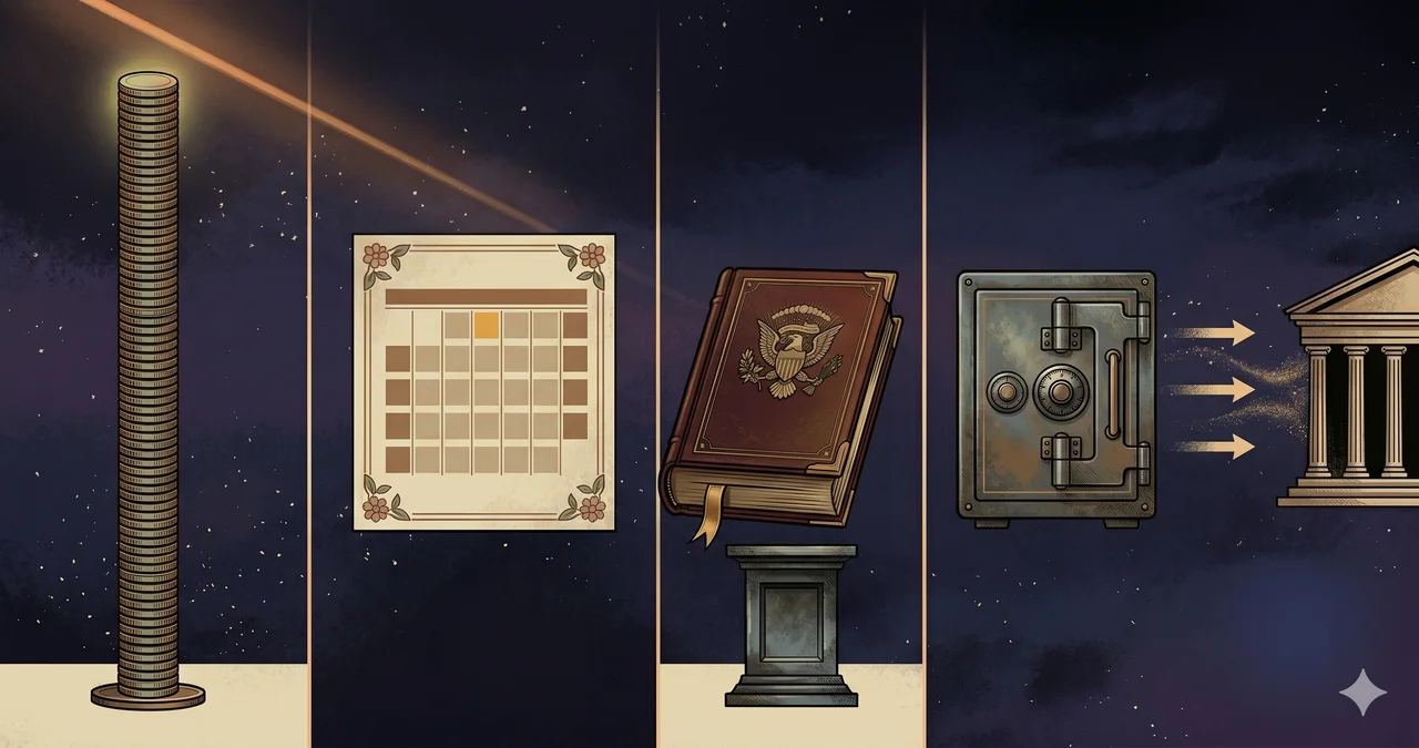 A wide landscape composition with four sections from left to right: a tall stacked pillar of small uniform discs representing a millennium count, a calendar-leaf with a single highlighted spring month, a closed classical book with heraldic emblem representing the Presidential Red Book, and a vault with arrows symbolizing gold flow toward a treasury building, set against midnight indigo and warm gold tones, no human figures, no real-world brand names, no readable text or numbers