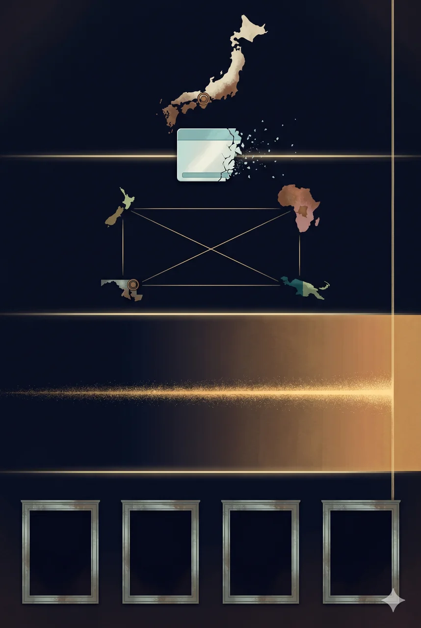 A tall portrait composition with four stacked panels: an island silhouette and a fragmented rectangle at top, four symbolic nodes in geographic arrangement next, a horizontal light sweep next, and four emptied rectangles at the bottom, set against a gradient from deep teal to warm gold, no human figures, no real-world brand names