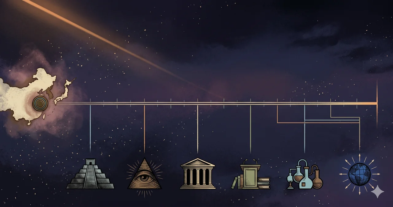A wide landscape composition with an ancient map-like origin point on the left, a horizontal timeline spanning the center, multiple vertical lines descending from the timeline into six symbolic nodes representing intelligence, military, government, academia, national lab, and global intelligence heads, and a modern coordinate point on the right, set against midnight indigo and warm gold tones, no human figures, no real-world brand names