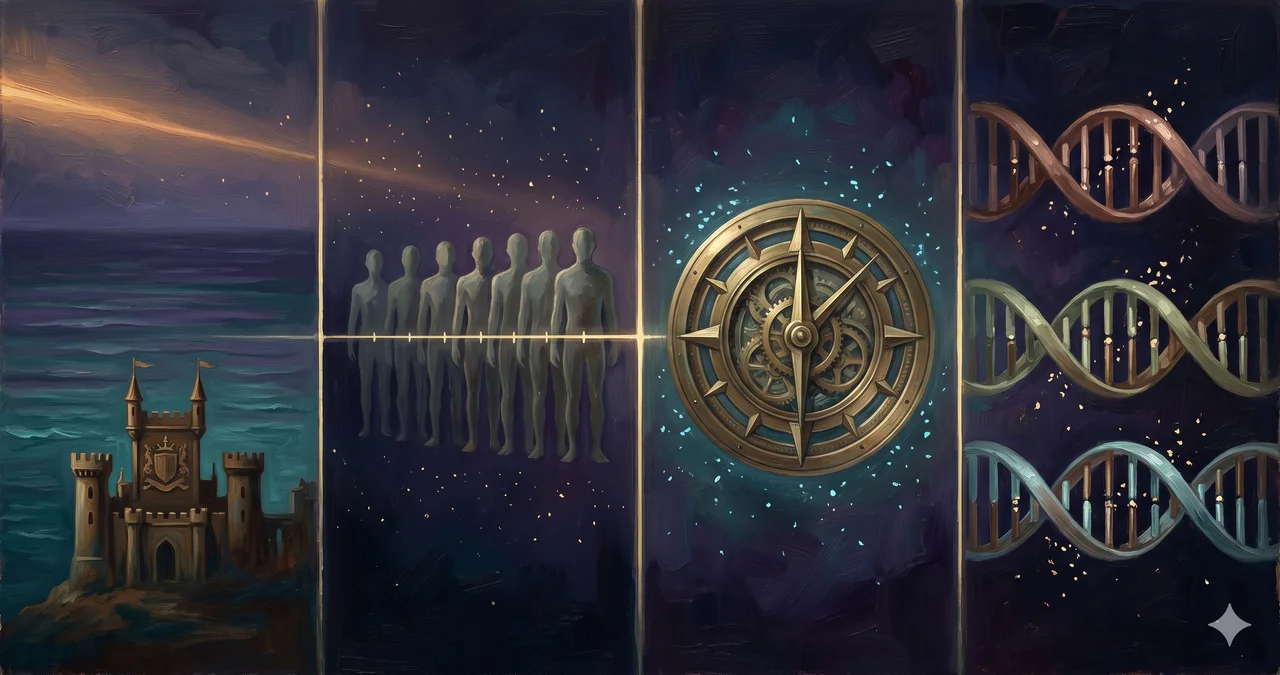A wide landscape composition with four sections from left to right: classical sea waves and a fortress outline, a thin horizontal timeline with multiple silhouette figures rising from it, a precision brass dial mechanism at center, and three stacked vertical DNA helix structures on the right, set against midnight indigo and muted slate tones