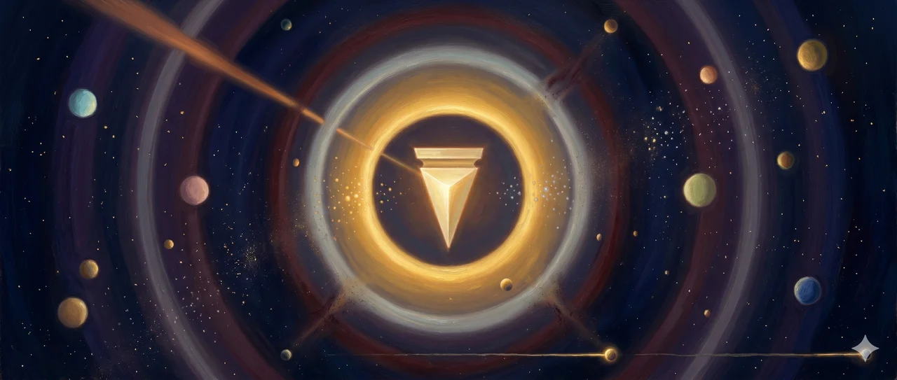 A wide landscape composition with a central wedge-shaped keystone radiating three concentric color rings in warm gold, silver gray, and deep purple, surrounded by expanding ripples reaching outward toward small distant spheres, set against midnight indigo and warm gold tones