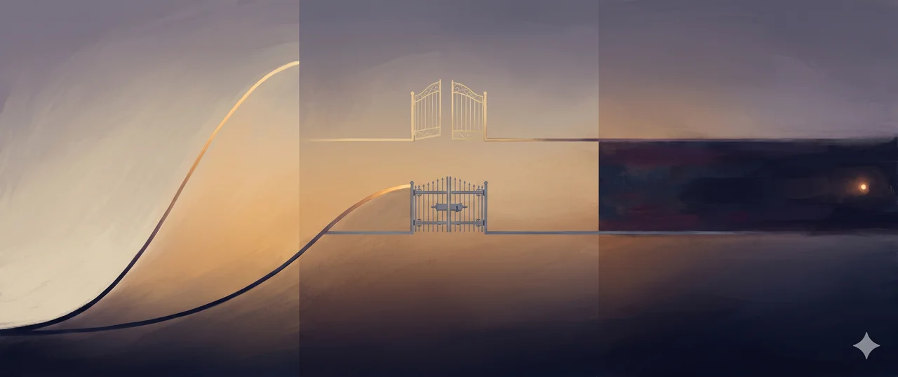 A wide landscape composition with an ascending curve transitioning to warm gold on the left, two horizontal lines at different heights showing an open warm gold gate above and a closed muted slate gate below, and a long dark horizontal band on the right with a small light at its end, set against muted slate and warm gold tones