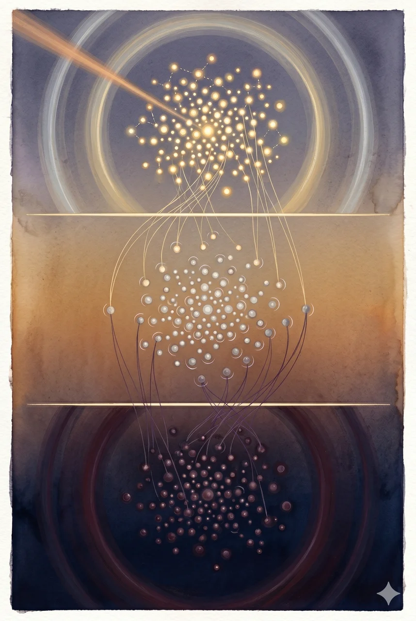 A tall portrait composition with three stacked layers: a dense cluster of warm gold light points at the top, an equally dense cluster of deep purple light points at the bottom, and a middle layer of silver gray points showing swinging trajectories left and right, set against a gradient from deep teal to warm gold