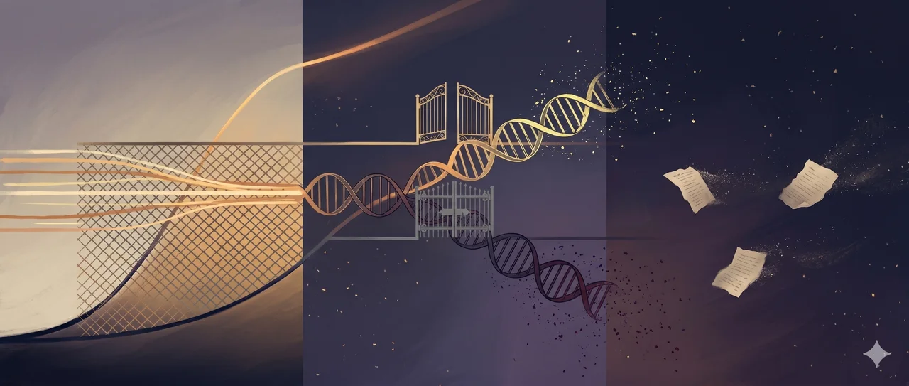 A wide landscape composition with a precision network grid carrying multiple light flows on the left, a branching genomic helix splitting into warm gold and deep purple lineages at center, and three paper fragments scattering in wind on the right, set against midnight indigo and warm gold tones