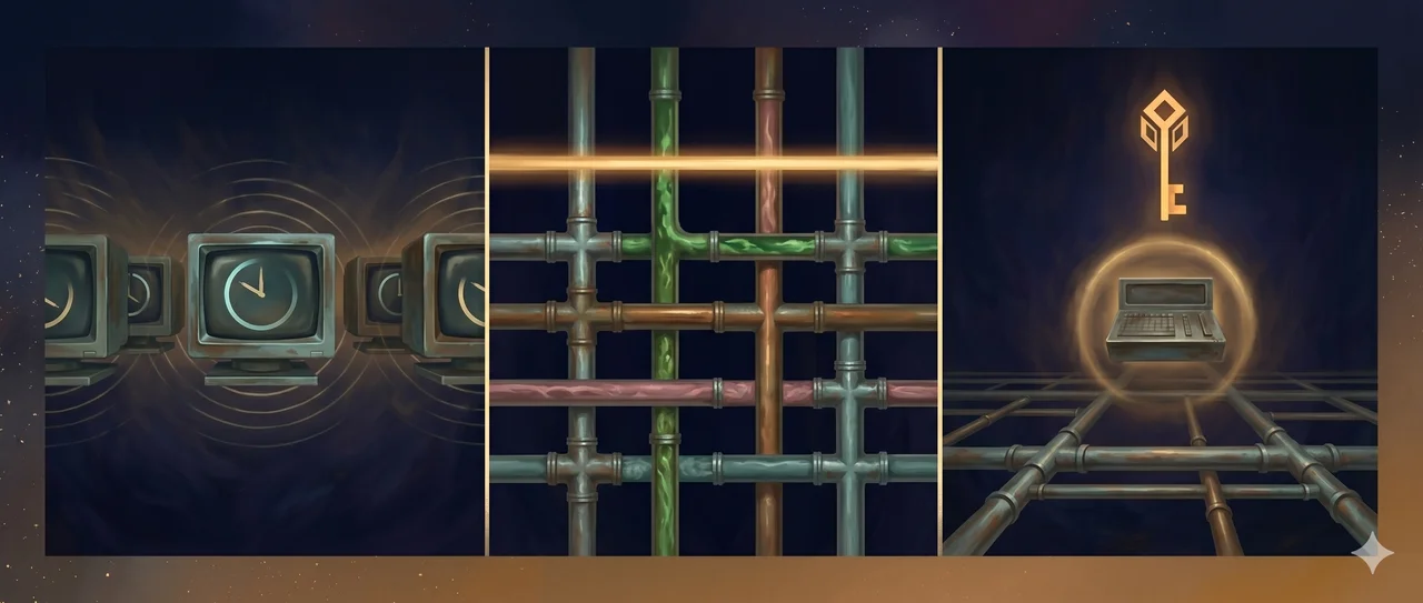A wide landscape composition with three sections from left to right: a row of low vintage CRT monitor silhouettes with an abstract clock hand running backwards inside the screens on the left, a precision network grid of crossing water pipes with four colored fluid flows above intercepted by warm gold light in the center, and a small control panel silhouette floating above the pipe lattice with a warm-gold protective halo and an upraised geometric key motif on the right, set against midnight indigo and warm gold tones, no people, no human figures, no recognizable faces, no real-world brand names, no readable text or numbers