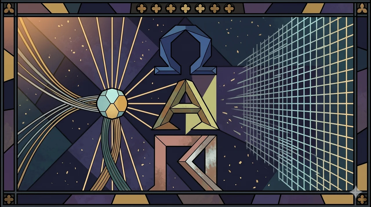 A wide landscape composition with three sections from left to right: three fine threads of warm gold, silver, and muted teal light converging into a compact node on the left, three thin light rays rising from the node to outline three abstract gate forms above and below in the center, and a fading scan grid pattern on the right where the gates dissolve into receding lattice lines, set against midnight indigo and warm gold tones, no human figures, no real-world brand names, no readable text or numbers, no recognizable political faces