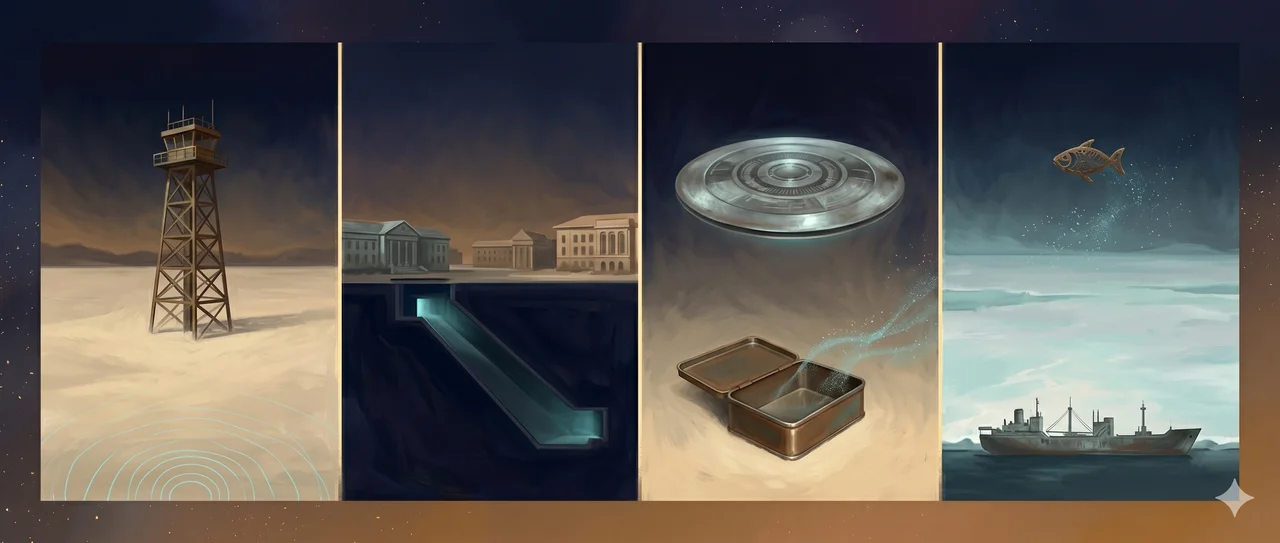 A wide landscape composition with four sections from left to right: a precision observation tower silhouette over desert terrain with seismic wave lines below on the left, low campus buildings with an underground ramp outline in the inner-left, a vintage metallic disc silhouette hovering low with an empty can shape of equal size below it at the center-right, and an Antarctic ice plain with a freighter ship outline and a small fish shape above on the right, set against muted slate and warm gold tones, no human figures with visible faces, no real-world brand names, no readable text or numbers, no recognizable political faces
