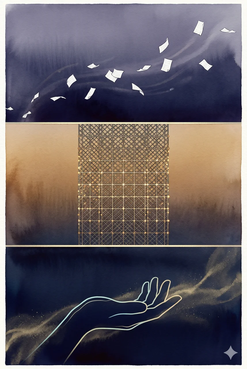 A tall portrait composition with three stacked layers: floating white paper fragments scattering in the wind at the top, a precision voting lattice grid running vertically in the middle layer with dense warm gold light points along the grid lines, and an outlined silhouette of an open hand at the bottom in an abstract gesture of offering, set against a gradient from muted slate to warm gold, no human figures with visible faces, no real-world brand names, no readable text or numbers