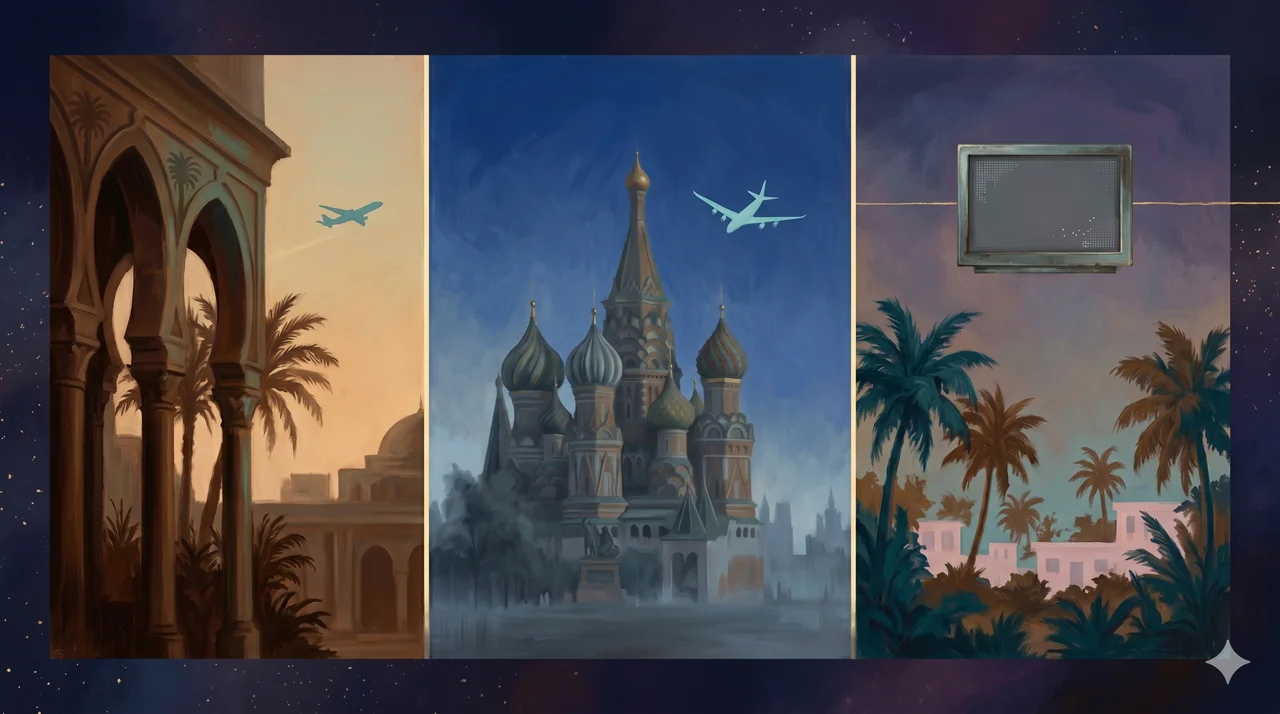 A wide landscape composition with three sections from left to right: classical Middle Eastern arches with a small distant aircraft silhouette in dawn light on the left, a Russian onion-dome building outline in mist with the same aircraft silhouette in the foreground at center, and palm trees with low building outlines in a tropical landscape with a floating rectangular monitor shape on the right, set against midnight indigo and muted teal tones, no human figures, no real-world brand names, no readable text or numbers, no recognizable political faces