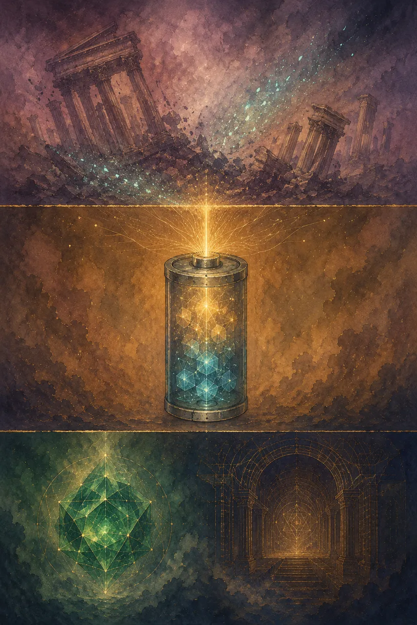 A tall portrait composition with three stacked layers: faint outlines of collapsing ancient structures diagonal across the top symbolising the Atlantean War, a large cylindrical battery outline in the middle with clustered crystalline energy nodes inside being extracted upward and outward from its top in warm gold light, and two geometric structural outlines in the bottom layer (an emerald-green faceted polyhedron on the left and a geometric hall outline on the right) hovering in mist, set against a gradient from muted slate to warm gold, no people, no human figures, no real-world brand names, no readable text or numbers