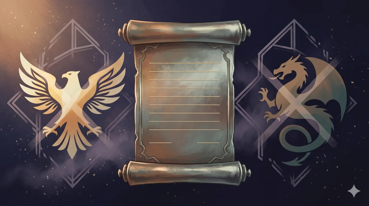 A wide landscape composition with a large metallic scroll-like outline at the center symbolising a formal notification, flanked by two heraldic outlines on either side: an abstract winged eagle silhouette in warm gold and soft ivory on the left, and an abstract dragon silhouette in muted bronze and dark teal on the right, each with translucent x-marks faintly overlaid, with broken geometric framework outlines collapsing into mist in the background, set against midnight indigo and warm gold tones, no human figures, no real-world brand names, no readable text or numbers, no recognizable faces