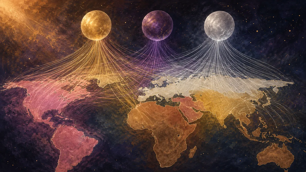 A wide landscape composition showing a faint world-map silhouette in the background with five large abstract chromatic zones overlaid: muted ivory with soft silver across Europe through Russia, Turkey, and partial China; warm sepia with muted bronze across southern China, Pacific islands, and the African continent; muted cinnamon across the Middle East and north Africa; muted ochre with soft gold across India through Asia; warm rose with dawn pink across the Americas; with fine light rays at different heights rising from each zone and converging upward into three large spheres above; set against midnight indigo and warm gold tones, no human figures, no real-world brand names, no readable text or numbers, no recognizable faces, no racial caricatures