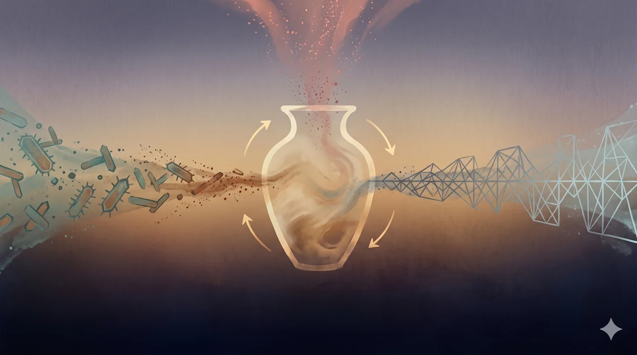 A wide landscape composition with a faint vase-shaped vessel outline at the center (purely abstract container form, not a body) and three inbound channels: fine drifting particles in warm coral entering from above, abstract bacterial or crystal-like shapes in muted teal flowing in from the left, and a geometric lattice-like signal waveform in cool steel arriving from the right, each reaching different parts of the vessel outline, with small circular arrows symbolising an adversarial learning loop rotating around the vessel, set against muted slate and warm gold tones, no people, no human figures, no real-world brand names, no readable text or numbers