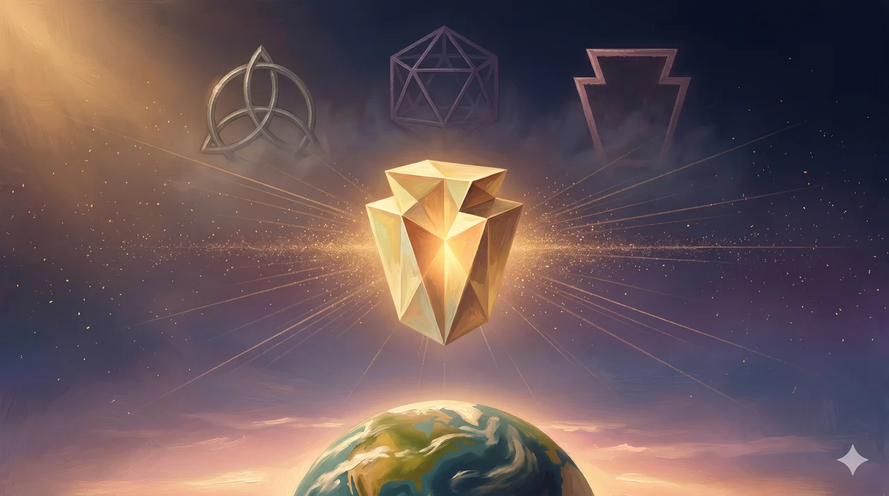 A wide landscape composition with a large precise faceted keystone hovering at the center emitting warm gold light outward from within, three faint older structural outlines above it fading into mist symbolising previous balance attempts, an open dawn-lit horizon below with a distant abstract Earth silhouette, and fine light rays from the keystone extending outward beyond the horizon symbolising multiversal reach, set against a gradient from midnight indigo to dawn blue with warm gold central luminance, no human figures, no real-world brand names, no readable text or numbers