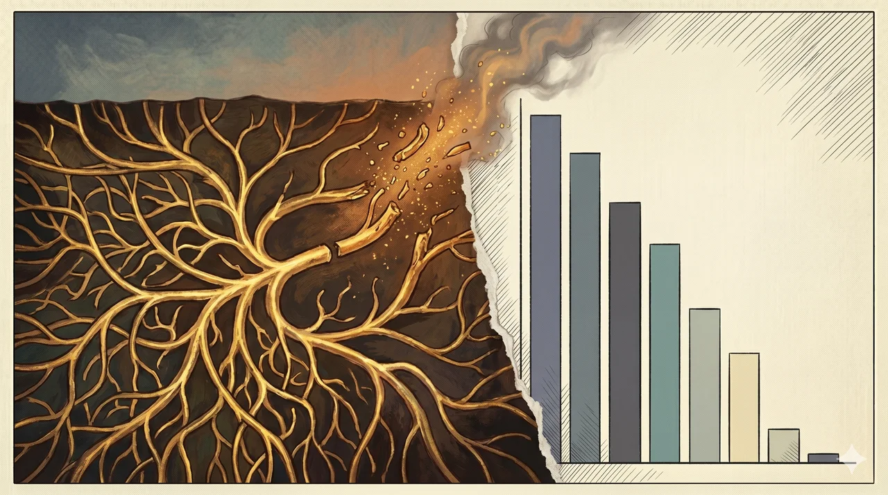A wide landscape composition with an intricate underground web of golden financial conduits on the left, the web breaking and scattering light at center, and a single bar chart symbolizing the public market dropping at a steep angle on the right, set against muted slate and warm gold tones, no human figures, no real-world brand names, no text