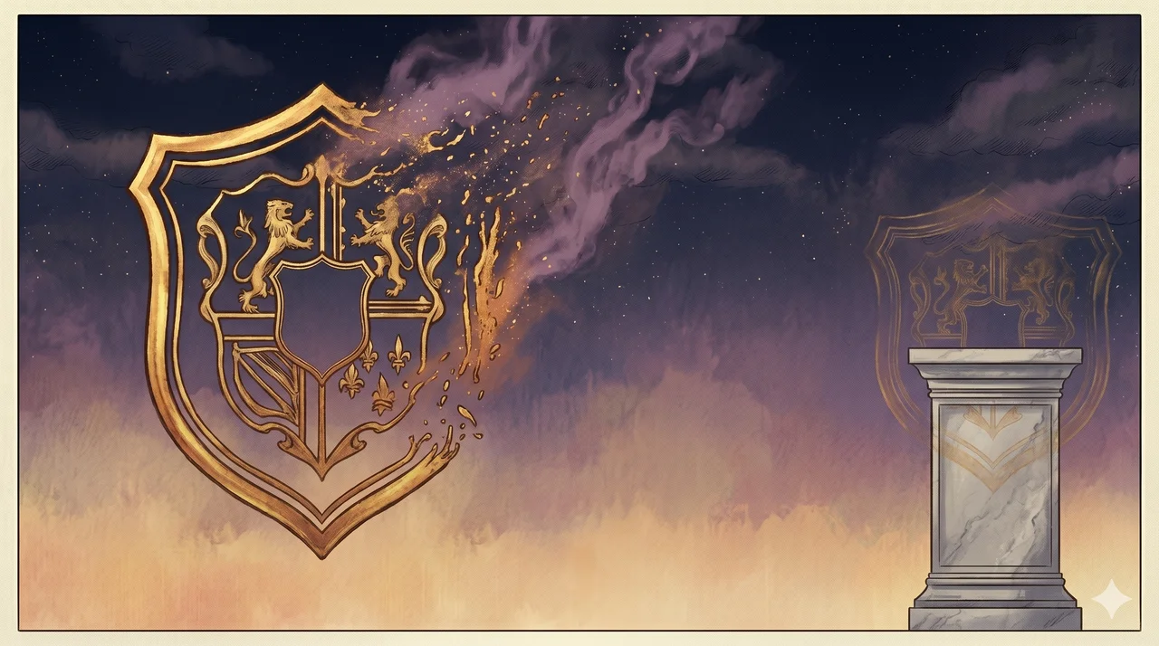 A wide landscape composition with a classical heraldic crest in warm gold outline on the left, a gradient of dawn transition from midnight indigo to soft amber at center, and an empty pedestal on the right where the crest once stood, set against midnight indigo and warm gold tones, no human figures, no real-world brand names, no text