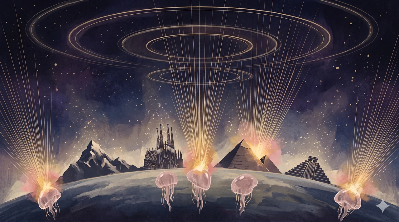 A wide landscape composition with blob-like beings in stasis in a dark space on the left, a transmuter field rendered as a swirling light vortex absorbing dark particles at center, and transmuted neutral and light matter floating as gentle luminous spheres on the right, set against midnight indigo and warm gold tones, no human figures, no real-world brand names