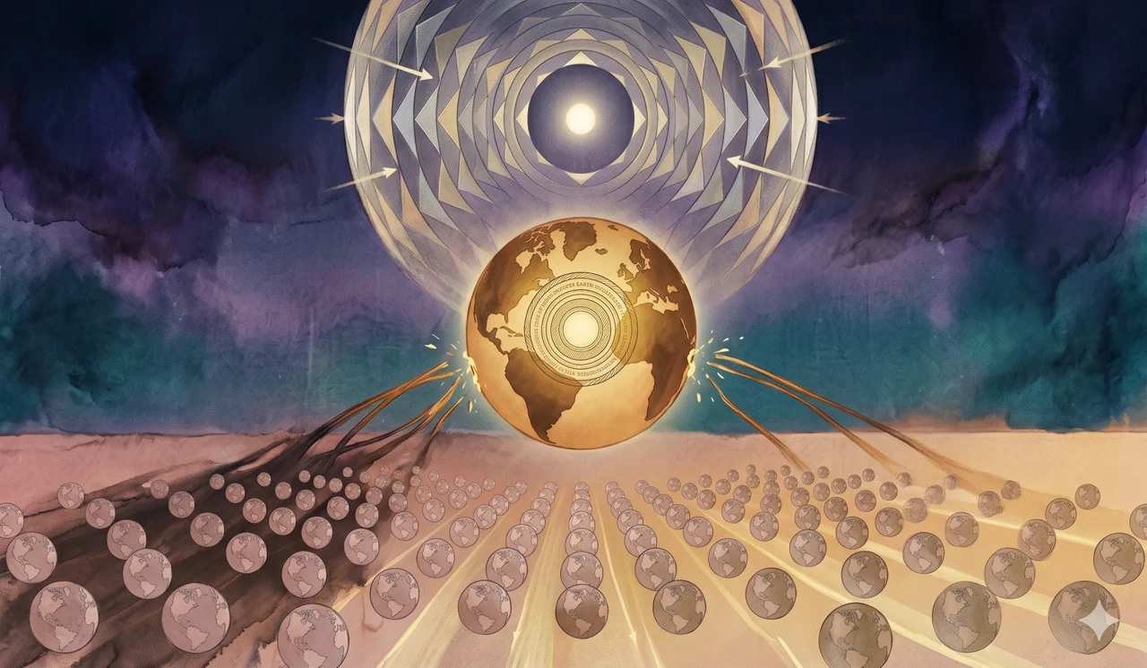 A wide landscape composition with three sections: the original Earth with warm gold outline and bidirectional gentle light rays from Source on the left, a reflective prism field as a faceted transparent crystal structure surrounding Source with inward-only arrows converging light to a central point at center, and an orderly grid array of many small Earth silhouettes each holding a DNA helix representing over ten million replicas faintly floating in midnight indigo on the right, set against midnight indigo and warm gold tones, no human figures, no real-world brand names