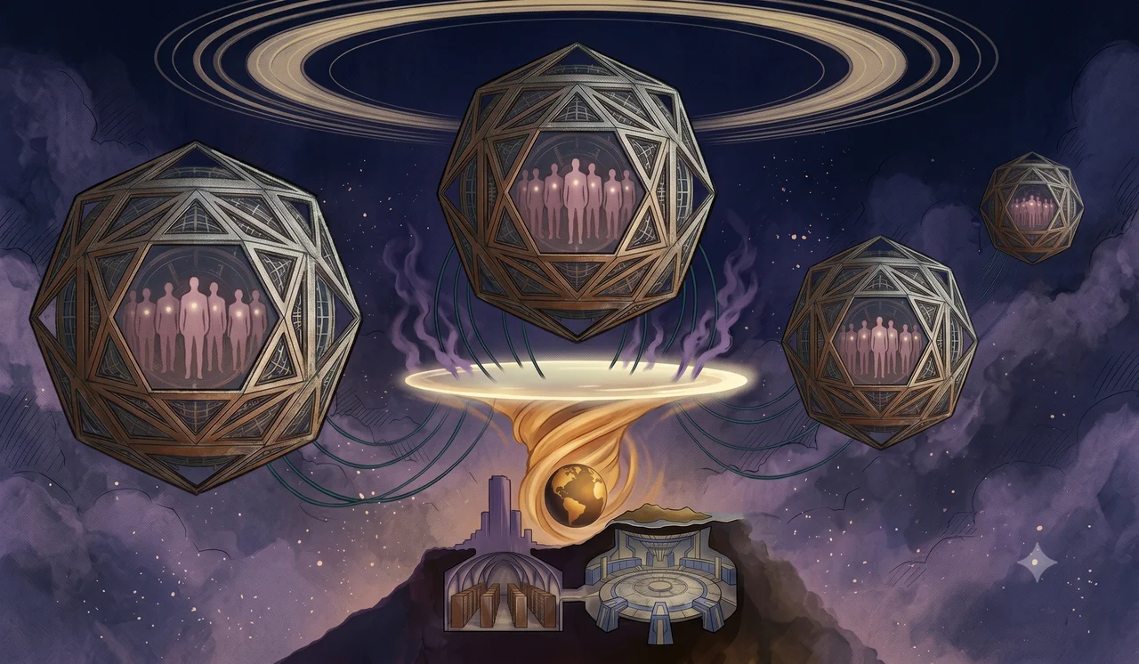 A wide landscape composition with three sections: multiple artificial moon-like megastructures with mechanical paneling and dark metallic sheen floating among galactic stars on the left, a transparent cross-section of a megastructure showing thousands of cyborg silhouettes in regular grid arrangement each wearing a gold-blue translucent light field at center, and Earth in warm gold and deep teal with a spiral vortex symbol radiating from its center and 2-3 thin light beams stopping mid-flight on the right, set against midnight indigo and deep teal tones, no human figures with visible faces, no real-world brand names