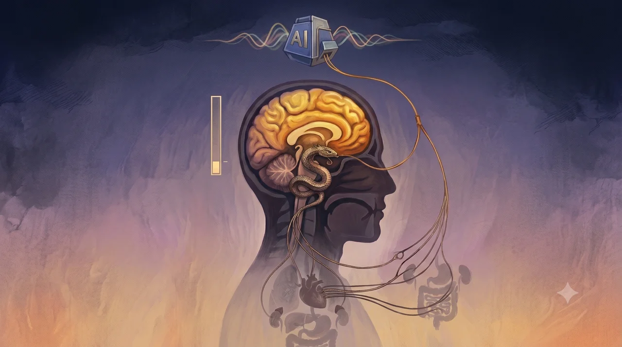 A wide landscape composition with three sections: a stylized brain outline with a cylindrical valve-like regulator embedded at center on the left, three AC sine waves in light dark and neutral colors converging into the regulator at center, and two horizontal threshold lines at ten percent and thirty percent with a left-right brain contrast in geometric versus organic patterns plus three shrinking nodes representing amygdala hippocampus and prefrontal cortex on the right, set against midnight indigo and warm gold tones, no human figures with visible faces, no real-world brand names