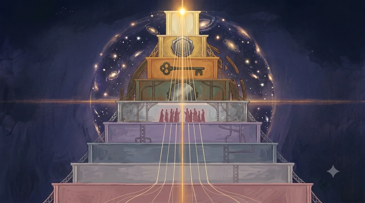A wide landscape composition with three sections: a five-tier dark blue band representing Levels 1 through 5 with a boundary line at Level 5-6 showing the Deep State access range on the left, a Marduk position at Level 7 with four allegorical cosmic nodes representing Level 8 candidates at center, and Level 9 connected to Source at the top with a vertical light beam representing direct Level 9-to-1 access plus a faint mirror reflection at Level 5 and a small rectangular black screen representing SSP's misperception on the right, set against deep teal warm gold and cosmic purple tones, no human figures with visible faces, no real-world brand names