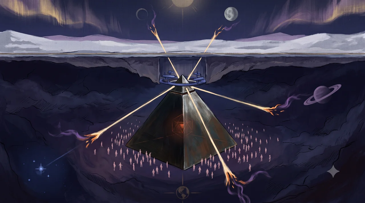 A wide landscape composition with three sections: a cross-section of Alaskan permafrost and a multi-layer Deep Underground Military Base on the left, a colossal black pyramid rising from its base with only the tip visible above ground at center against dark crystalline surfaces with faint infrared spectrum lines, and five radiating luminous tethers extending toward center-point Earth, Proxima Centauri, the Sun, the Moon, and Saturn on the right with pulsing light connections at each base, set against midnight indigo warm amber and aurora violet tones, no human figures, no real-world brand names