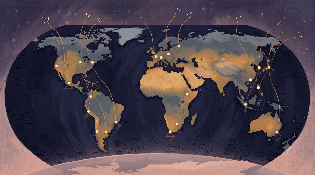 A wide world-map composition with nineteen dim glyph markers distributed across five continents, faint dark-energy tethers running from each marker toward a single removed central hub at one side, the markers fading from amber to neutral indicating the program signals are now off, set against midnight indigo and warm gold tones, no human figures, no real-world brand names