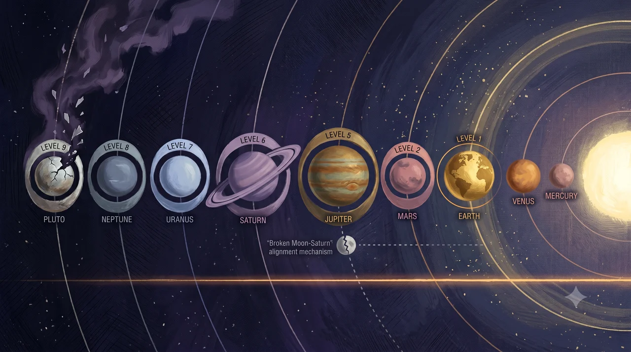 A tall portrait composition showing nine horizontal layered bands of progressively darker indigo from top to bottom labeled 1 through 9 in subtle numerals, with three planet glyphs aligned to the lower three bands: a small luminous sphere for Uranus on band 7, a slightly larger one for Neptune on band 8, and a faint distant point for Pluto on band 9. Each planet glyph is connected to its band by a closed portal arc rendered as a broken line indicating shutdown, set against midnight indigo and warm gold tones, no real-world brand names, no human figures