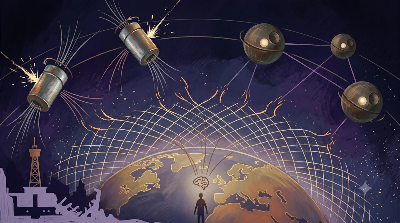 A wide landscape composition showing three orbital bands above an abstract planet silhouette. The uppermost band has elongated cylindrical satellite glyphs drawn faintly fading and crossed-through to indicate removal, the middle band has small spherical satellite glyphs each containing a tiny inner sphere also faded, and the lowest band has bright Starlink-style point glyphs that remain visible. Thin filament lines run from the lowest band attempting to reach the faded bands but end in mid-air without connection, set against midnight indigo and warm gold tones, no real-world brand names, no human figures, no realistic spacecraft