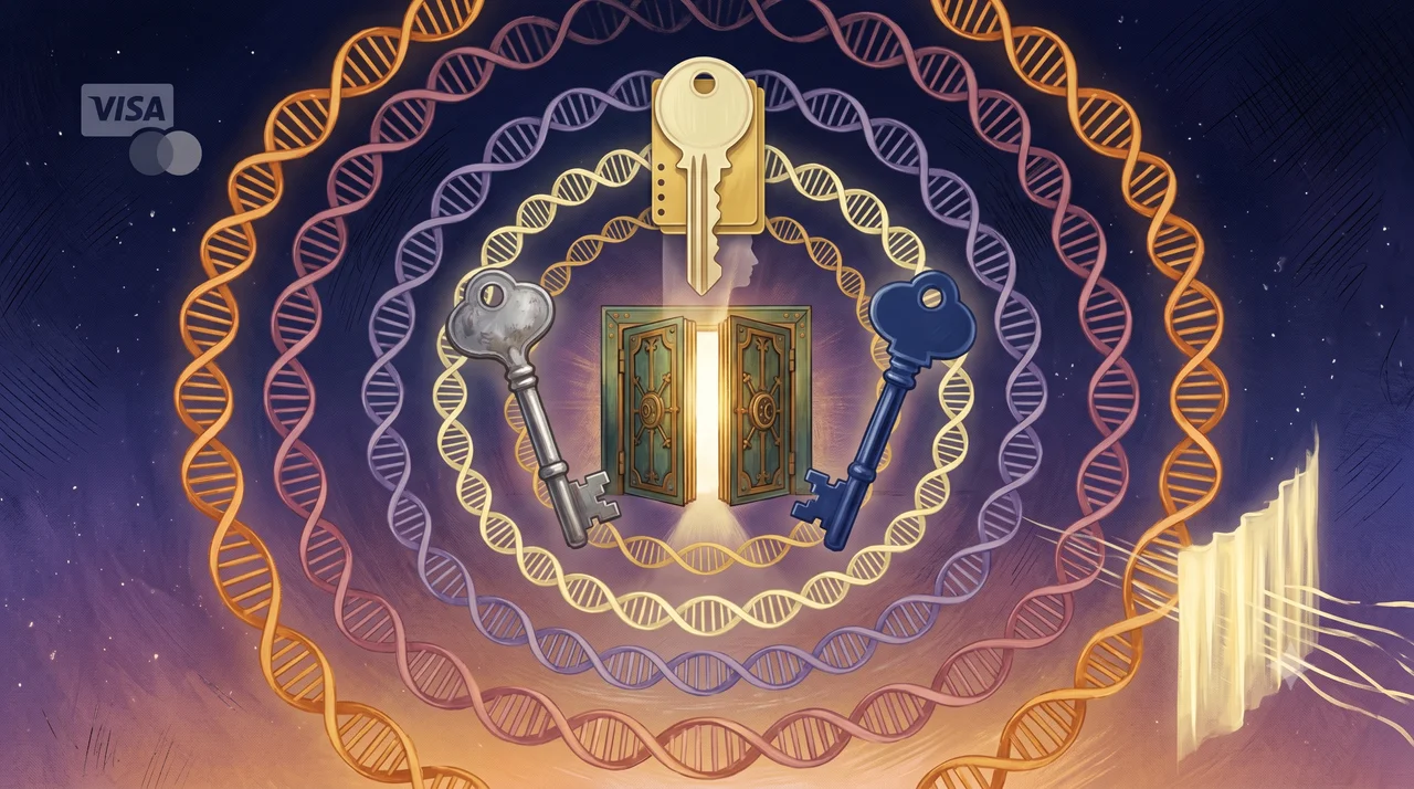 A portrait composition showing three abstract key-glyphs arranged in a triangular lock pattern around a central faceted core, the topmost key drawn in three concentric layers signifying lifetime, density, and essence scans rather than a physical ridge, two outer keys faded as if no longer held, the central core glowing inward through the layered scans rather than outward toward the keys, set against midnight indigo and warm gold tones, no real-world brand names, no human figures